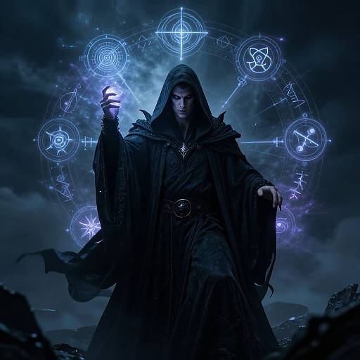 Mysterious, hooded sorcerer in dark cloak holds glowing blue magic circle, surrounded by mystical symbols, against a stormy, starry night sky