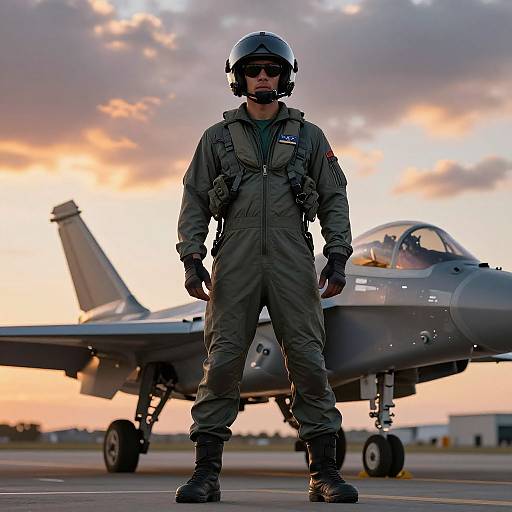 Photograph of a male fighter pilot in full green flight suit and helmet standing in front of a parked jet on an airstrip at sunset.