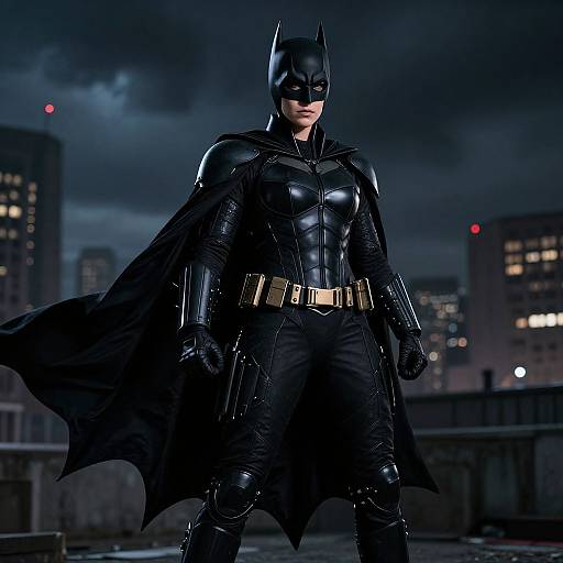 Photograph of Batman standing on a rooftop at night, wearing a black armored suit, cape, and mask, with city lights in the background. Dark