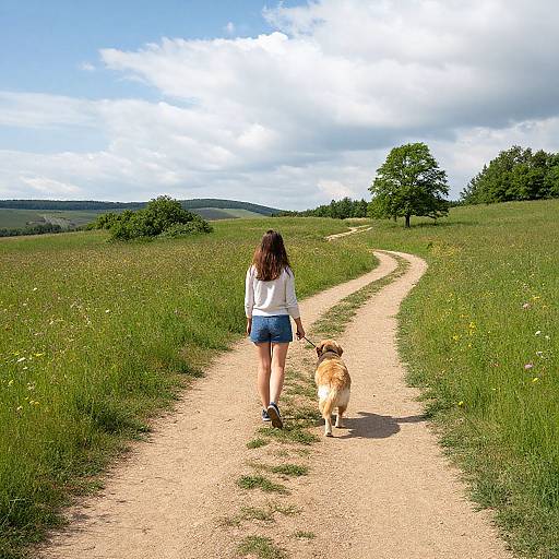 Photograph of a woman with long brown hair in a white top and blue shorts walking a tan dog on a gravel path through a green, grassy