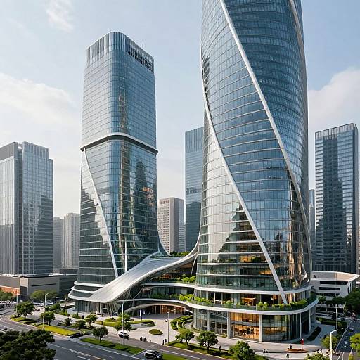 Photograph of a modern cityscape featuring three towering, glass-clad skyscrapers with distinctive, curved white structural supports, surrounded by other high-rise