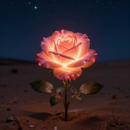 Photograph of a glowing pink rose in a dark desert night, illuminated from within, with starry sky and sandy ground.
