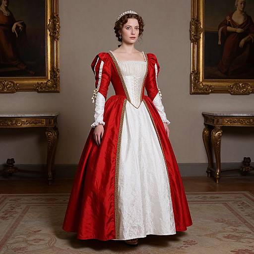 Photograph of a fair-skinned woman with dark hair, wearing a red and white Renaissance-style gown, standing in an ornate room with gold-fr