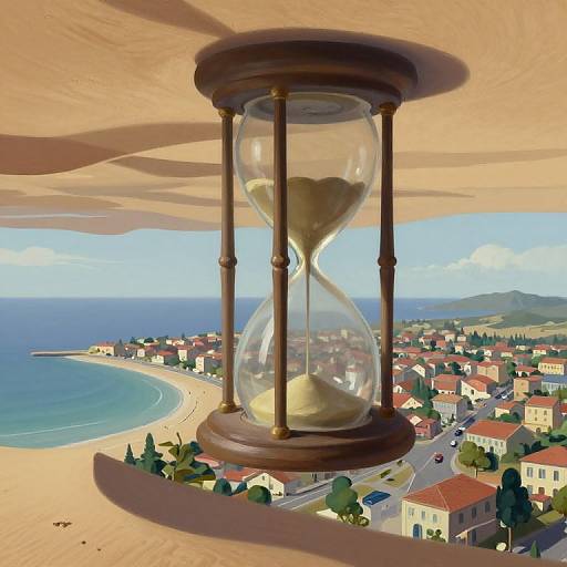Digital art: giant hourglass with flowing sand hangs above coastal town with beaches, houses, and mountains under a clear blue sky.