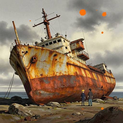 Rustic Shipwreck on Rocky Beach