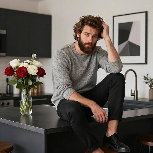 Photograph of a bearded, brown-haired man in a gray sweater and black pants, sitting on a kitchen island, hand in hair, with a
