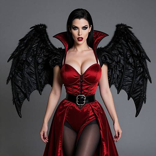 Photograph of a pale-skinned woman with black wings, red satin dress with plunging neckline, black belt, and black stockings, against a gray
