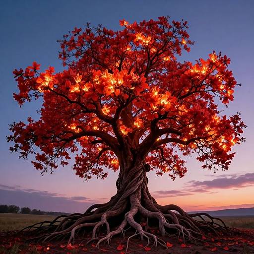 Photograph of a majestic tree with vibrant red leaves glowing like embers against a twilight sky, showcasing intricate, sprawling roots.