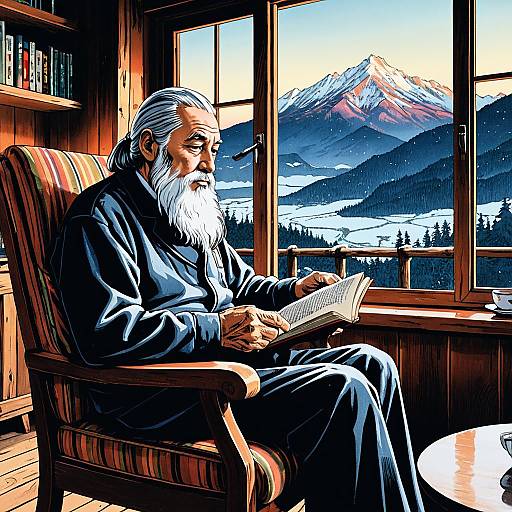 Elderly Man Reading in Mountain Cabin