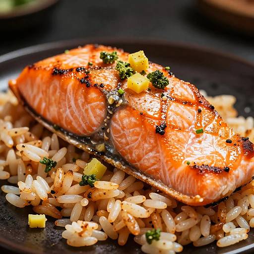 Close-Up Grilled Salmon on Rice