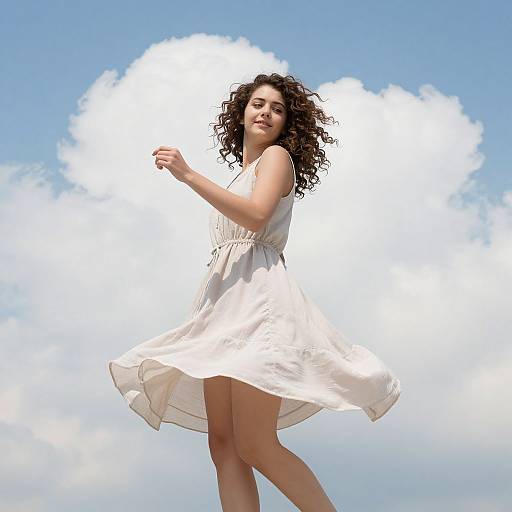 Photograph of a smiling woman with curly dark hair, wearing a flowing white dress, against a bright blue sky with a large white cloud.