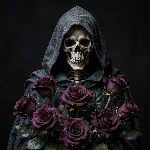 Gothic digital art: hooded skeletal figure with empty eye sockets, holding dark purple roses against a black background. Mysterious, eerie ambiance.