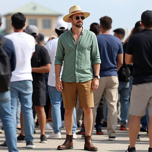 Photograph of a bearded man in a straw hat, green shirt, tan shorts, brown boots, standing in a sunlit outdoor crowd.
