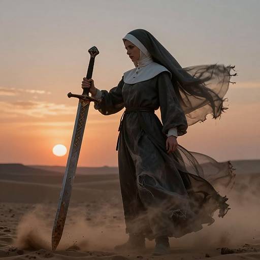 Photograph of a nun in a flowing black and white habit holding a sword, standing in a desert at sunset, with dust swirling around her.