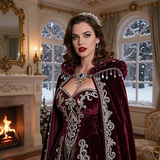 Photograph of a fair-skinned woman with dark, wavy hair, red lipstick, wearing a dark purple, ornately embroidered royal cape, silver