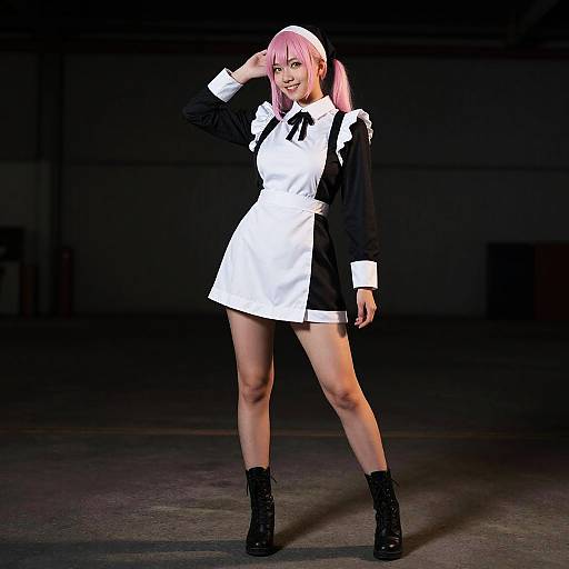 Digital anime-style drawing of a pink-haired woman in a black and white maid outfit, standing confidently with one hand on her head, wearing black boots,