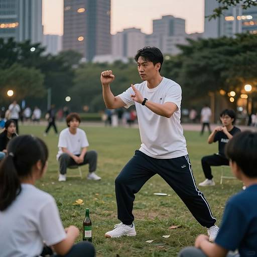 Photograph of Asian men practicing martial arts in a park at sunset, wearing white shirts and black pants, with a beer bottle on the grass. City