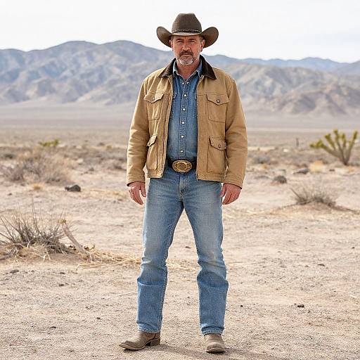Photograph of a middle-aged man with gray beard, wearing a brown cowboy hat, tan jacket, blue shirt, jeans, and brown boots, standing