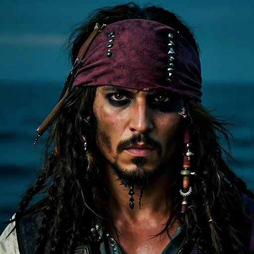 Photograph of a rugged, dark-haired pirate with a maroon headband, black beard, intense blue eyes, and ocean background. Detailed facial markings