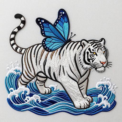 Colorful digital illustration of a white tiger with blue butterfly wings standing on blue ocean waves, vivid stripes, and detailed textures.