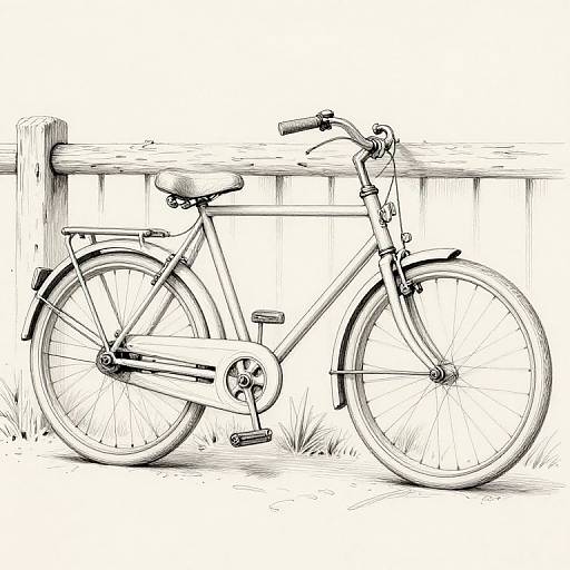 Black-and-white drawing of a classic, vintage-style bicycle leaning against a wooden fence with grass at its base.