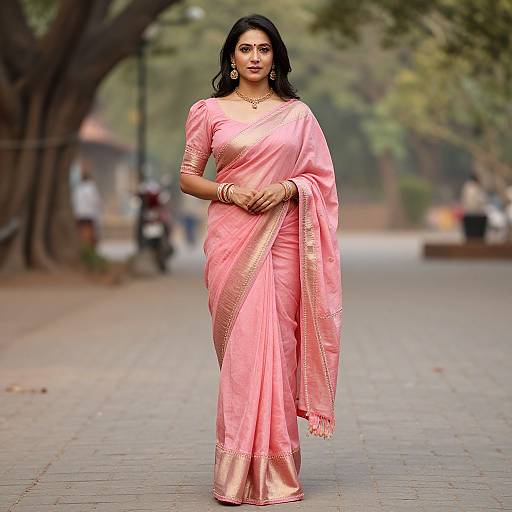 Photograph of a beautiful Indian woman in a pink saree with gold trim, standing confidently on a tree-lined street.