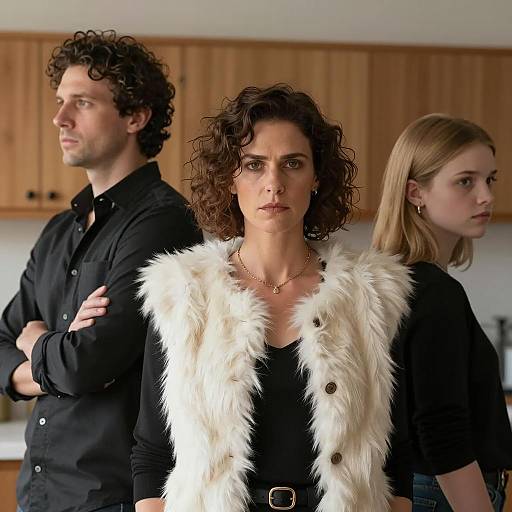 Serious Three People Standing Apart Indoors