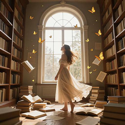 Photograph-style digital art of a woman in a flowing white dress, surrounded by floating books and butterflies, standing in a sunlit library with arched