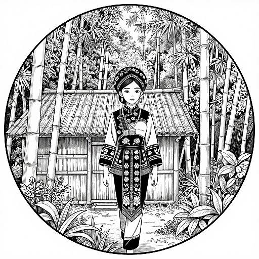 Black-and-white ink drawing of a traditional Japanese woman in a detailed kimono, standing in front of a bamboo house, framed within a circular border.