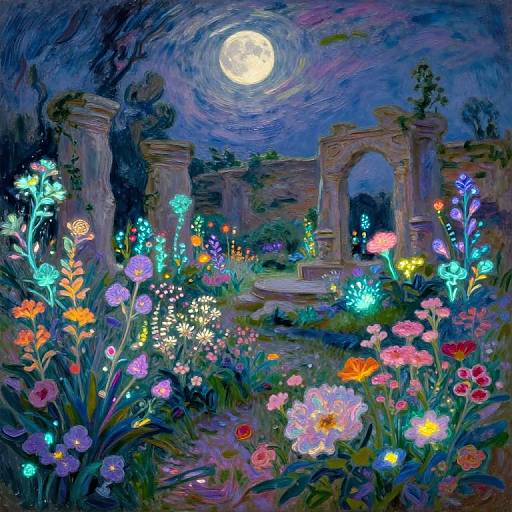 Vibrant, moonlit garden scene with glowing flowers, ruins, and a full moon in a swirling, colorful, impressionist-style painting.
