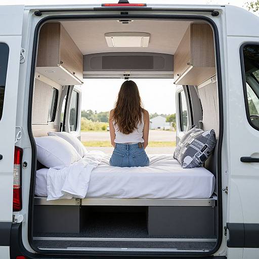 Photograph of a woman with long brown hair, wearing a white tank top and blue jeans, sitting on a bed inside a white van conversion, g