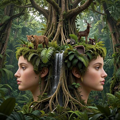 Photorealistic digital art of a young woman's profile with forest creatures on her moss-covered head, tree roots, and waterfall, set in a lush