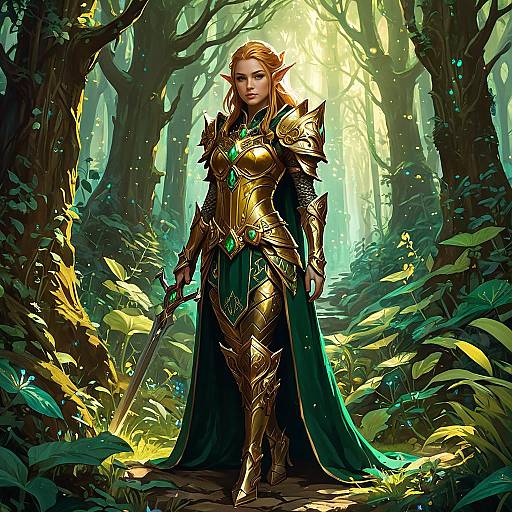 Female Elf Warrior in Golden Armor in Enchanted Forest