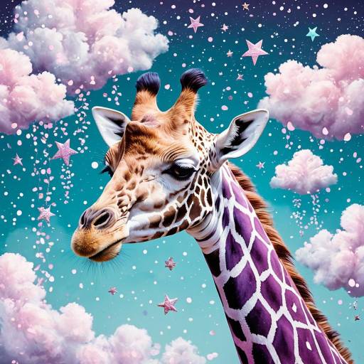 Magical Purple Giraffe with Stars and Clouds