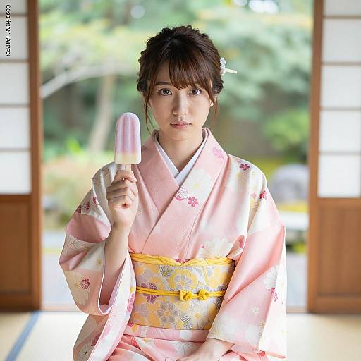 Asian Woman in Pink Yukata Holding Popsicle