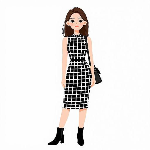 Smiling Woman in Minimalist Grid Dress