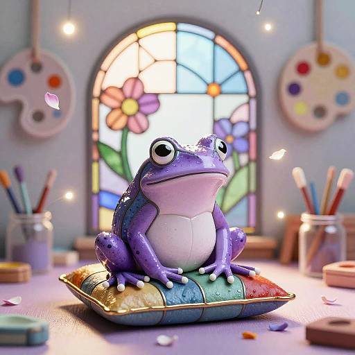 Photograph of a vibrant purple frog with large eyes, sitting on a colorful, textured pillow in a whimsical, lit art studio. Background features a