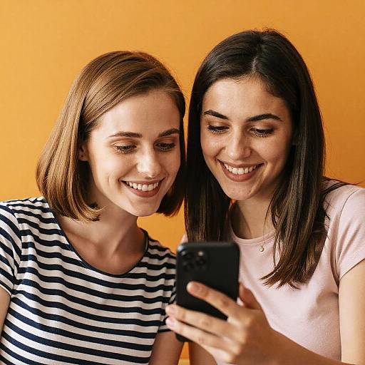 Photograph of two smiling women with short brown and long dark hair, wearing striped and pink shirts, looking at a smartphone against a bright orange background.
