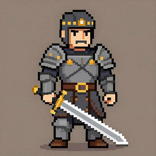 Pixel art of a stern-faced knight in gray armor with a yellow crown, holding a white-edged sword, standing on gray background.