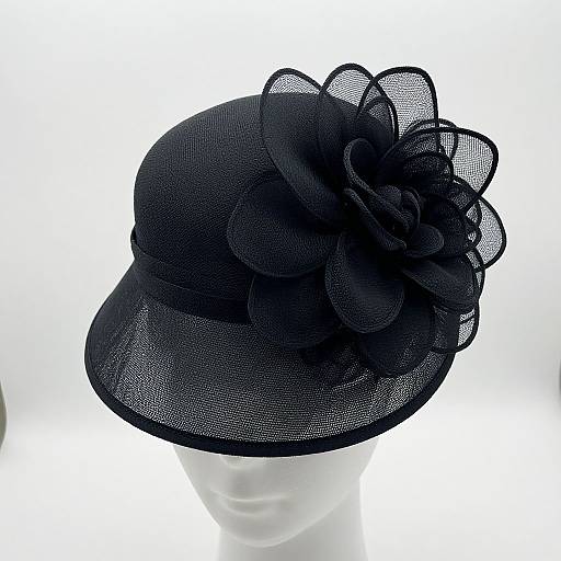 Photograph of a black, mesh, wide-brimmed hat with a large, intricate floral decoration on the right side, displayed on a white man