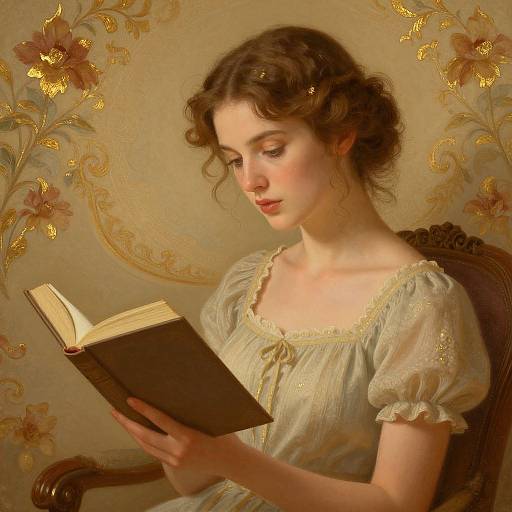 Romantic painting of a young woman with curly brown hair, wearing a light, puffed-sleeve dress, reading a book against a floral,