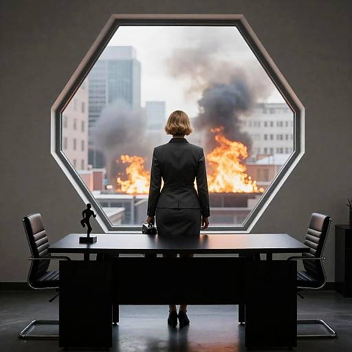 Businesswoman Facing Fire Through Hexagonal Window