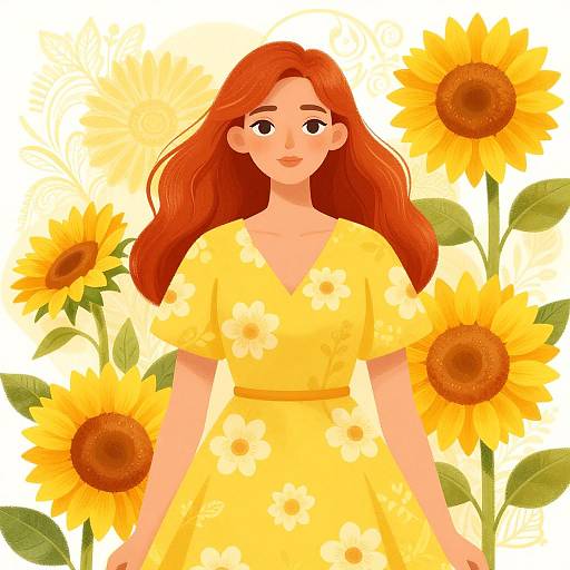 Digital illustration of a red-haired woman in a yellow floral dress standing among vibrant sunflowers, with a soft, cheerful expression.