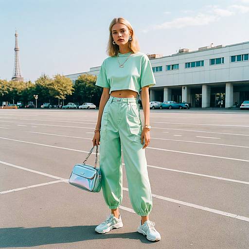 Fashionable woman in pastel y2k outfit in urban setting