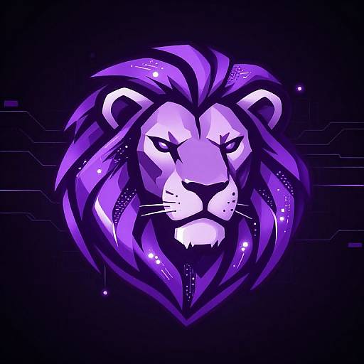 Digital illustration of a fierce, stylized purple lion head with glowing eyes and mane, set against a black background with subtle circuit lines.