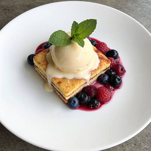 Photograph of a white plate with two golden pancakes topped with a scoop of creamy ice cream, fresh mint, blueberries, and raspberries, dr