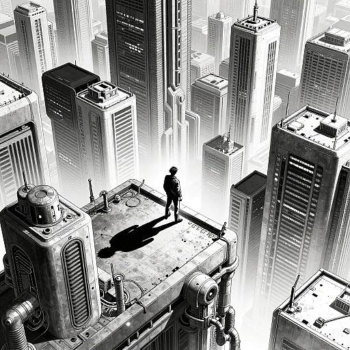 Black-and-white digital drawing of a lone figure standing on a rooftop amidst towering, densely packed skyscrapers, casting a long shadow.