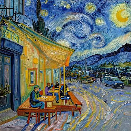 Vibrant digital painting of Starry Night café scene by Van Gogh style; swirling blue sky, yellow stars, four people at wooden table,