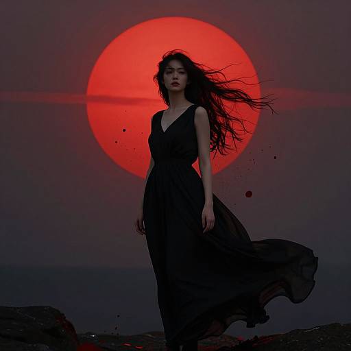 Photograph of a pale, dark-haired woman in a flowing black dress, standing against a vivid red sunset, with her hair and dress blown by the