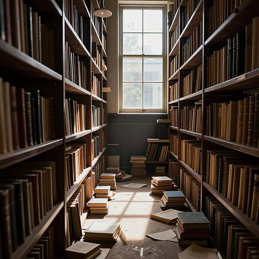 Photograph of a sunlit, narrow library aisle with tall, wooden bookshelves filled with books, scattered books on the floor, and a single